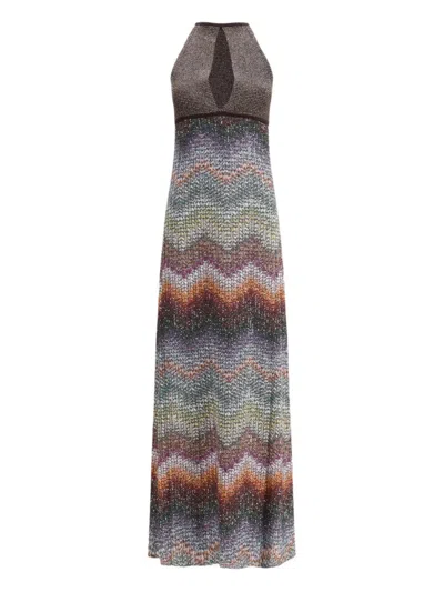 Missoni Long Halter-neck Dress In A Greek-style Zigzag Knit With Sequins Clothing In Multi