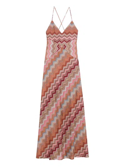 Missoni Multicolor Long Dress With Crossed Shoulder Straps And All-over Zigzag Motif In Viscose Woman In Brown