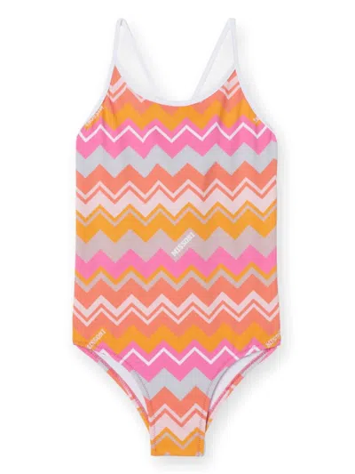 Missoni Kids' All-over Chevron-print Swimsuit In 粉色