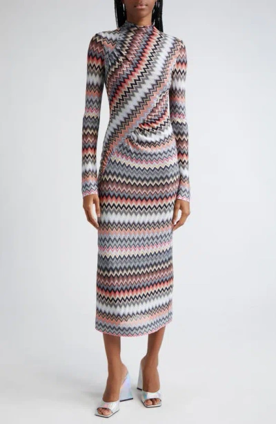 Missoni Asymmetric Long Sleeve Chevron Knit Dress In Black/ Light Tones Multicolor