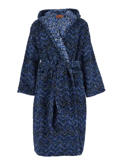 Missoni Azul Blue Bathrobe With Zig Zag Motif In Cotton