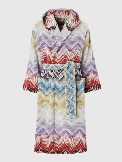 Missoni Marea Hooded Bathrobe In Cotton Terry With Chevron Pattern In Purple