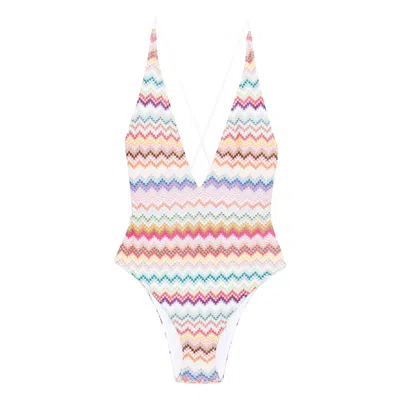 Missoni Multicolor One-piece Swimsuit With V-neck And All-over Zig-zag Motif In Stretch Viscose Blend Woman