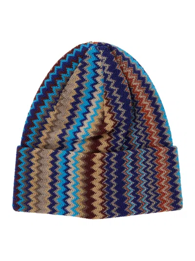 MISSONI MULTICOLOR BEANIE WITH ZIGZAG MOTIF IN WOOL BLEND MAN