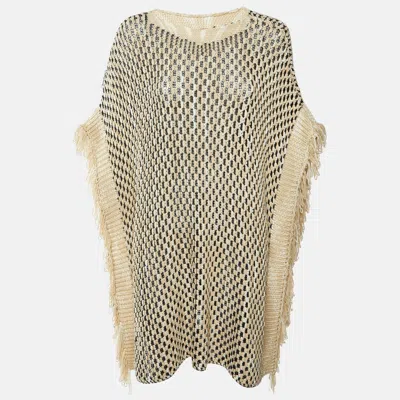 Pre-owned Missoni Beige/black Crochet Knit Fringed Poncho One Size In Sand
