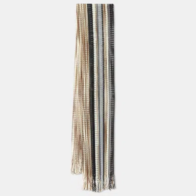 Pre-owned Missoni Beige/black Striped Lurex & Wool Knit Fringed Stole