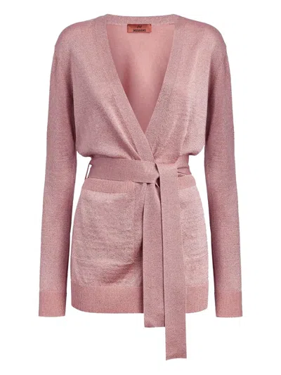 Missoni Belted Metallic-knit Cardigan In Pink