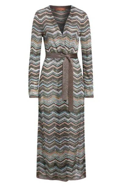 Missoni Belted Sequin Metallic Zigzag Stripe Maxi Cardigan In Multi