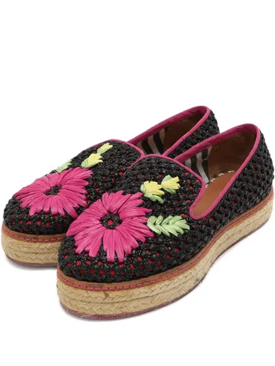 Pre-owned Missoni Floral-motif Raffia Espadrilles In Black