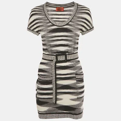 Pre-owned Missoni Black & White Patterned Wool Knit Belted Mini Dress S