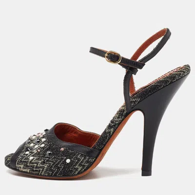 Pre-owned Missoni Black Embellished Patterned Knit Fabric And Leather Ankle Strap Sandals Size 36