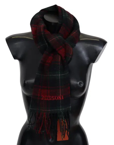 MISSONI MISSONI BLACK RED CHECK WOOL UNISEX NECK WRAP FRINGES MEN'S SCARF