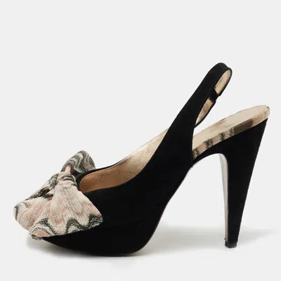 Missoni Black Suede And Fabric Bow Peep Toe Slingback Pumps