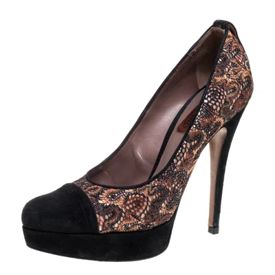 Missoni Black/beige Lace And Suede Pointed Toe Platform Pumps In Brown