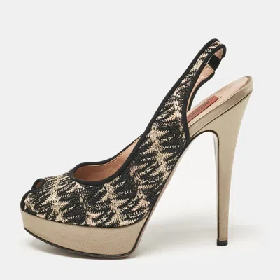 Missoni Black/grey Lace And Satin Peep Toe Platform Slingback Pumps