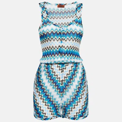 Pre-owned Missoni Blue Chevron Knit Sleeveless Sheer Playsuit S