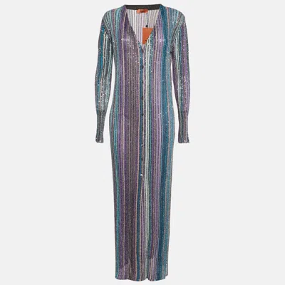 Pre-owned Missoni Blue Sequined Lured Knit Long Cardigan L