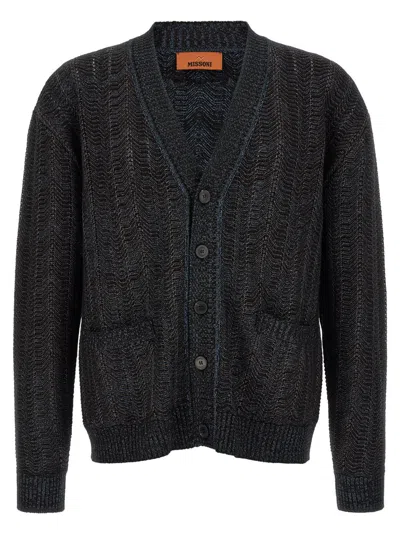 Missoni Blue Textured V Neck Cardigan In Black