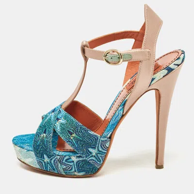 Pre-owned Missoni Blue/brown Knit Fabric And Leather T-strap Platform Sandals Size 39 In Multicolor
