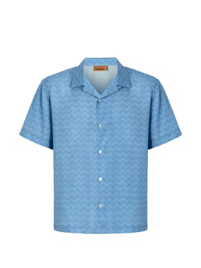 Missoni Bowling Shirt In Viscose With Tone-on-tone Zigzag Print In Blue