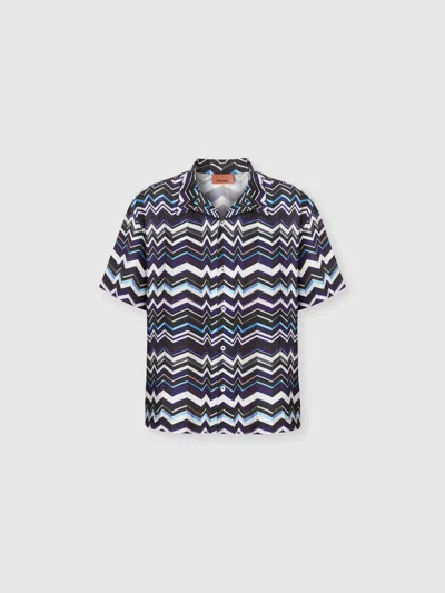 Missoni Bowling Shirt In Viscose With Zigzag Print In Blue