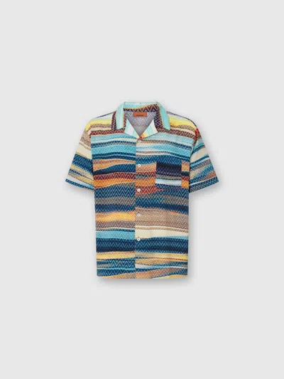 Missoni Bowling Shirt With Gradient Zig Zag Print And Breast Pocket In Blue
