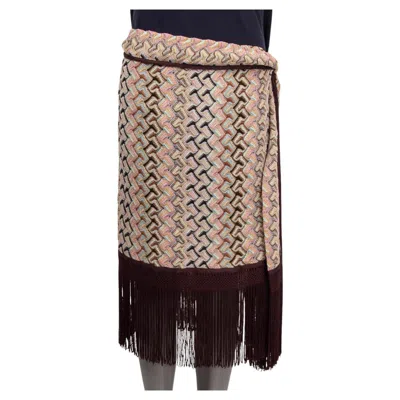 Pre-owned Missoni Brown & Pink Viscose Fringed Side Tie Midi Knit Skirt 46 Xl