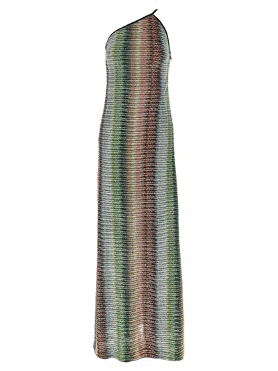 Missoni One Shoulder Maxi Length Striped Ribbed Dress In Multicolour