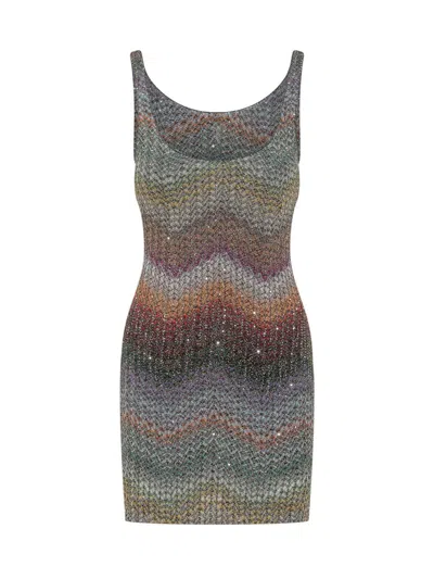 Missoni Short Dress With Straps In A Greek-style Zigzag Knit With Sequins In Animal Print