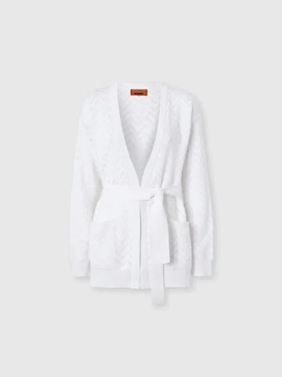 Missoni Cardigan In Cotton And Viscose Chevron With Belt In White