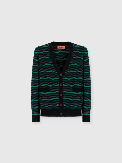 Missoni Cardigan In Pure Wool With Wave Stitch In Green