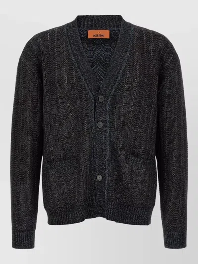 Missoni Cardigan V Neck Front Pockets Ribbed Trim In Black