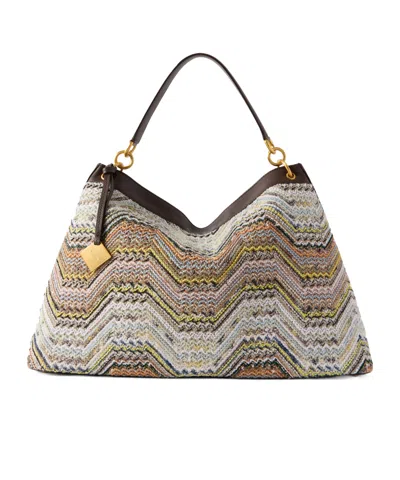 Missoni Sequined-embellished Striped Leather-trimmed Woven Shoulder Bag In Neutral