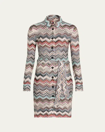 Missoni Chevron Belted Long-sleeve Shirtdress In Multi