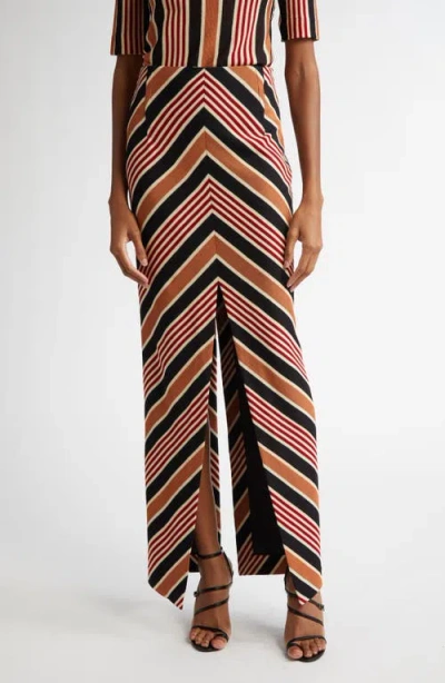 Missoni Chevron Front Slit Maxi Skirt In Black Burgundyrust And Beige