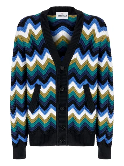 Missoni Chevron Knit Cardigan With Pockets And Contrasting Piping In Blue