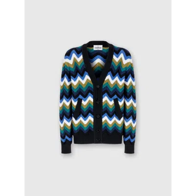Missoni Chevron Knit Cardigan With Pockets And Contrasting Piping In Blue