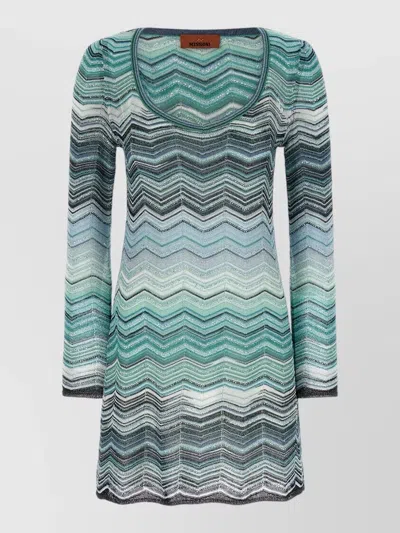 Missoni Chevron Knit Dress Long Sleeves Scoop Neckline In Green