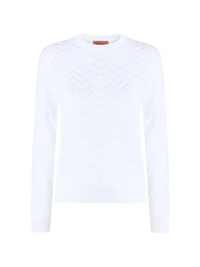 Missoni Crew-neck Stretch Pullover In Cotton And Viscose Chevron In White
