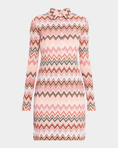 Missoni Chevron Long-sleeve Mini Polo Shirtdress In Multicolor Yellow