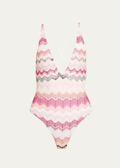 Missoni Chevron One-piece Swimsuit In Multicolor Pink T