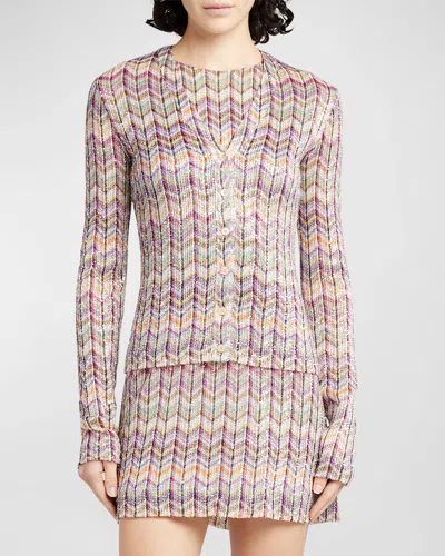 Missoni Chevron Paillette Knit V-neck Buttoned Cardigan In Mlblkwhtornfus