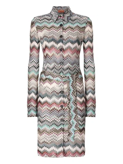 Missoni Chevron-pattern Belted Midi Shirt Dress In Neutral