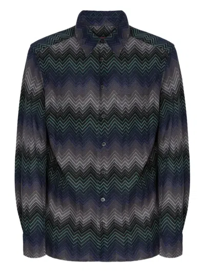 Missoni Mens Chevron Relaxed-fit Cotton-blend Shirt Blue And Green Tones