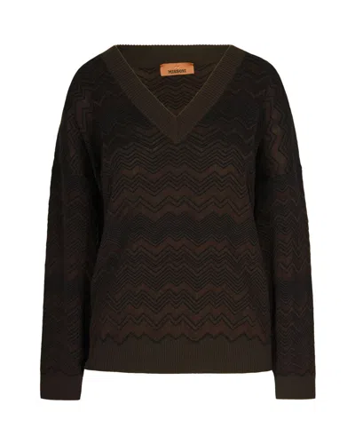 Missoni Chevron Pattern Oversized Knit Sweater In Brown In Green