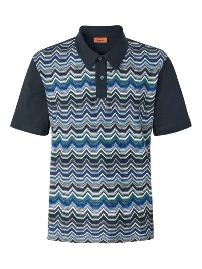 Missoni Short Sleeve Polo With Geometric Zigzag Pattern In Blue