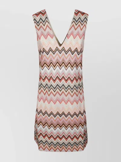 Missoni Chevron Pattern Sleeveless V-neckline Dress In Multicolor Yellow & Pink