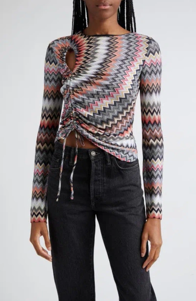 Missoni Chevron Ruched Long Sleeve Knit Top In Black/ Light Tones Multicolor