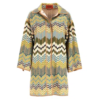 Missoni Chevron Secured Button Coat In Multicolor Wool In Green