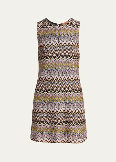 Missoni Sleeveless Zig Zag Viscose Mini Dress Multicolor Brown, Yellow, Pink